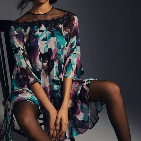 NWT Anthropologie Floral Flutter Sleeve Dress - SZ XXS - Black/Purple - $170 - Picture 3 of 10